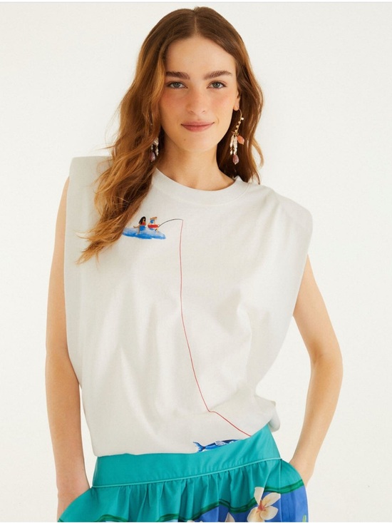 FARM Rio Tops - Farm Rio Off-White Fishing Dreams Padded Shoulder T-Shirt NWT M